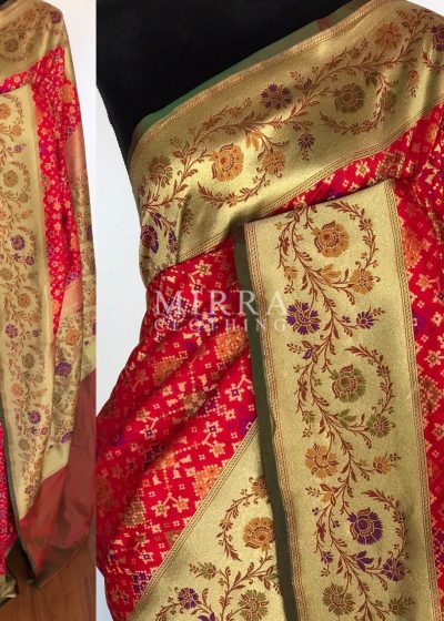 Scarlet Red Banarasi Silk Saree adorned with Beautiful Patola Weaves