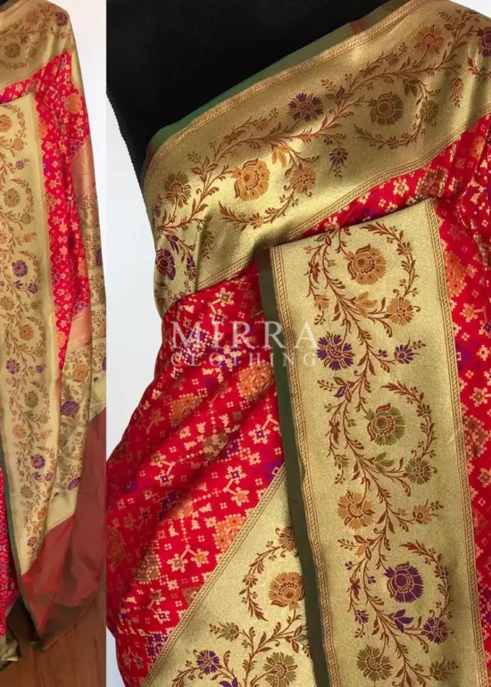 Scarlet Red Banarasi Silk Saree adorned with Beautiful Patola Weaves
