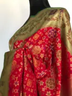 Scarlet Red Banarasi Silk Saree adorned with Beautiful Patola Weaves - Image 5