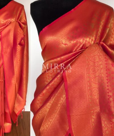 Dark Peach Banarasi Silk Saree with Gold Zari Weaves