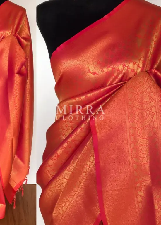 Dark Peach Banarasi Silk Saree with Gold Zari Weaves