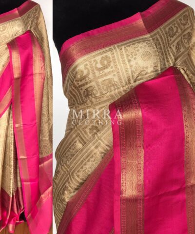Cream Kora Silk Saree with Gold Zari Weaves