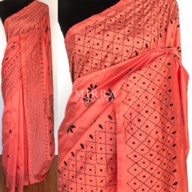 Peach Hand Embroidered Semi Silk Saree