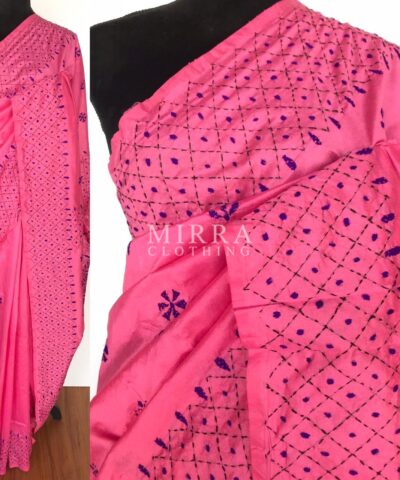 Pink Hand Embroidered Semi Silk Saree
