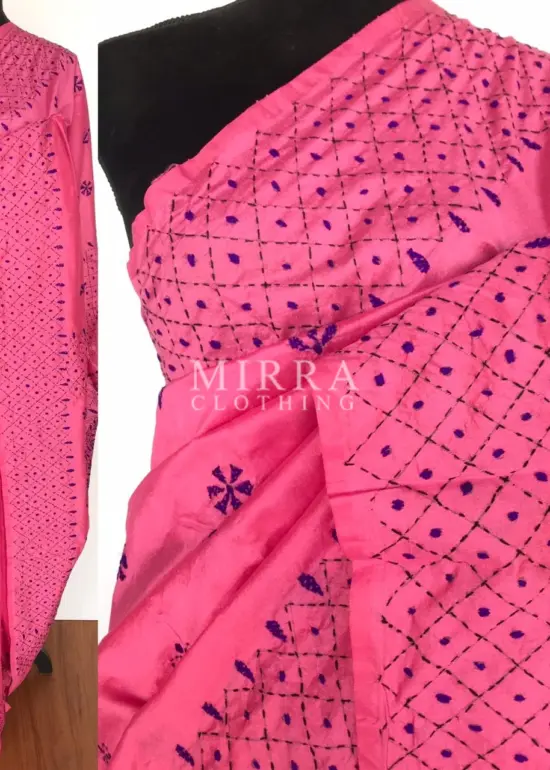 Pink Hand Embroidered Semi Silk Saree