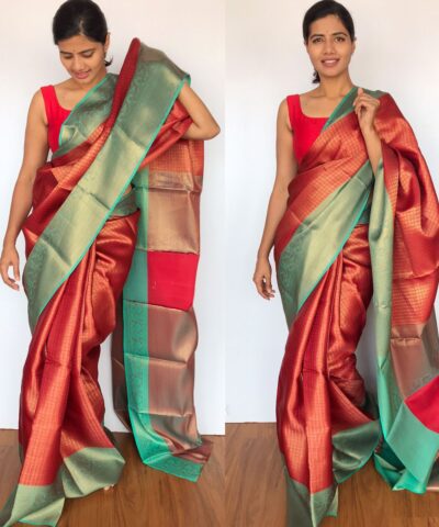 Red Kora Silk Saree with Gold Zari Weaves