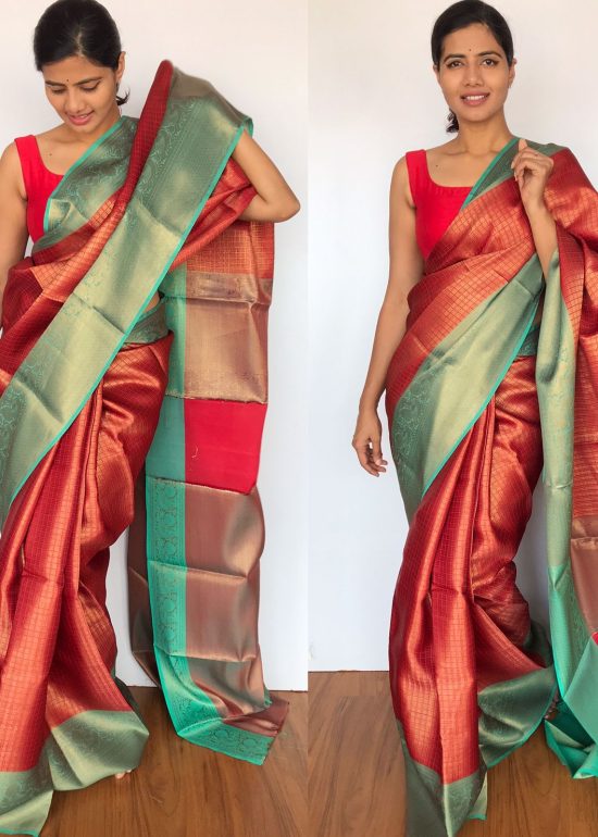 Red Kora Silk Saree with Gold Zari Weaves