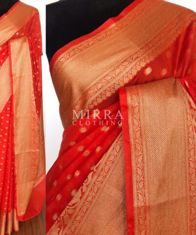 Orange Banarasi Silk Saree in Semi Georgette with Antique Silver Zari Weaves
