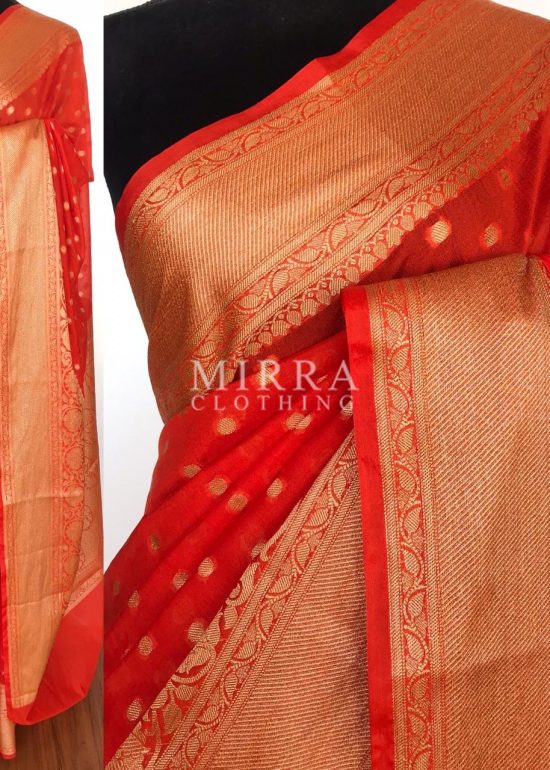 Orange Banarasi Silk Saree in Semi Georgette with Antique Silver Zari Weaves