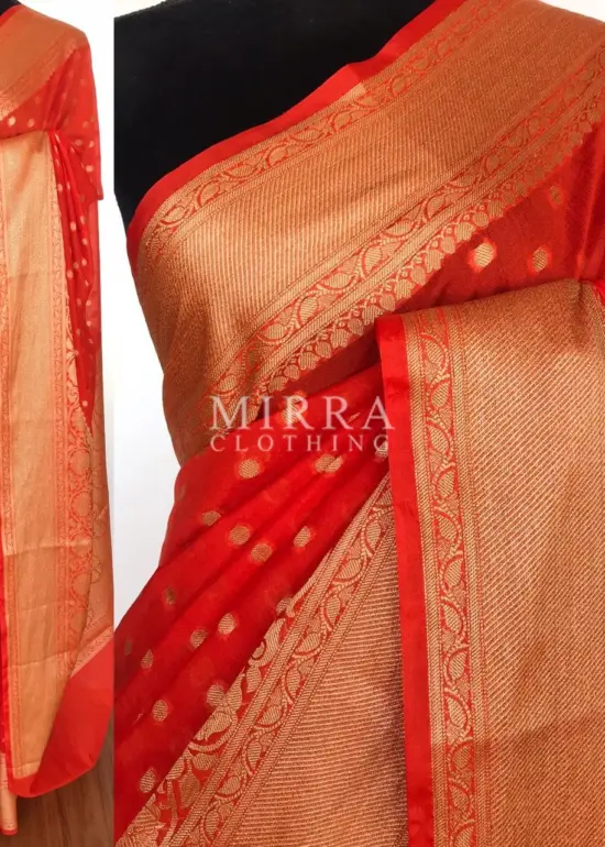 Orange Banarasi Silk Saree in Semi Georgette with Antique Silver Zari Weaves