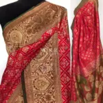 Red Katan Silk Saree with Antique Gold Zari and Meenakari Weaves - Image 2