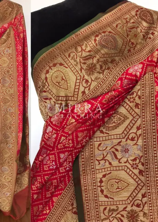 Red Katan Silk Saree with Antique Gold Zari and Meenakari Weaves