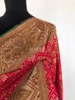 Red Katan Silk Saree with Antique Gold Zari and Meenakari Weaves - Image 6