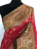 Red Katan Silk Saree with Antique Gold Zari and Meenakari Weaves - Image 8