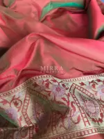 Red Katan Silk Saree with Antique Gold Zari and Meenakari Weaves - Image 9