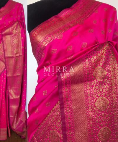 Rani Pink Banarasi Soft Silk Saree with Antique Gold Zari Weaves