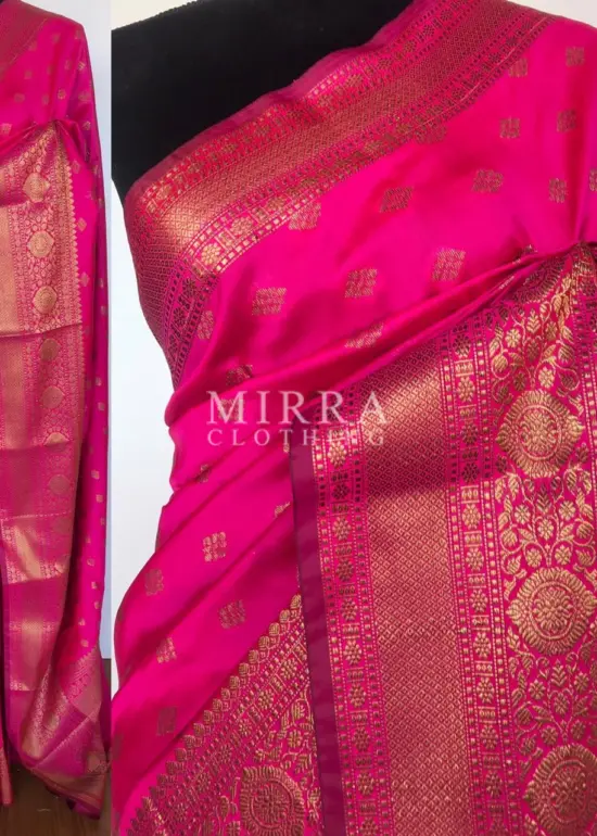 Rani Pink Banarasi Soft Silk Saree with Antique Gold Zari Weaves
