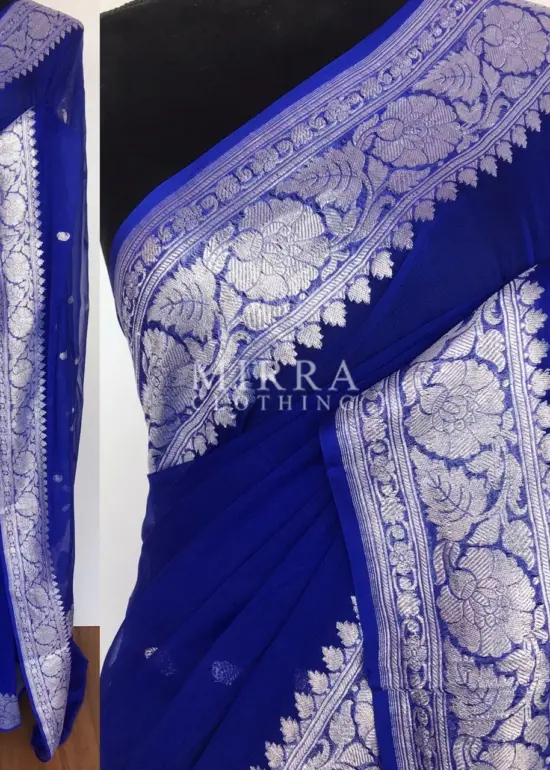 Royal Blue Pure Khaddi Banarasi Silk Saree in Chiffon Woven with Silver Zari Buttas