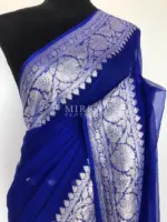 Royal Blue Pure Khaddi Banarasi Silk Saree in Chiffon Woven with Silver Zari Buttas - Image 4