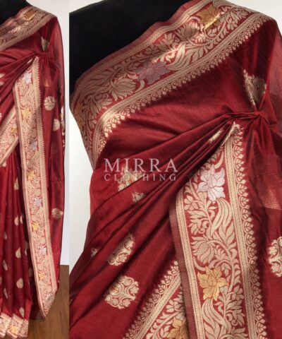 Maroon Cotton Silk Saree with Antique Gold and Silver Zari Weaves