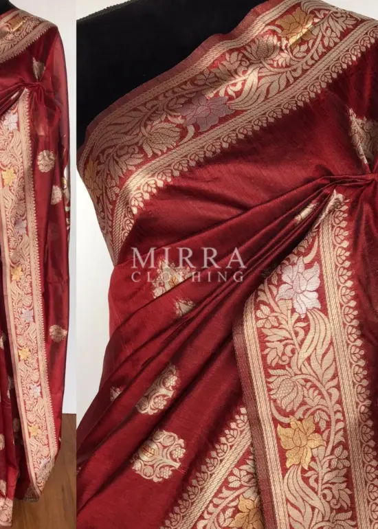 Maroon Cotton Silk Saree with Antique Gold and Silver Zari Weaves