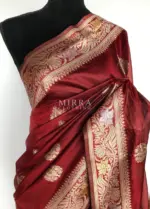 Maroon Cotton Silk Saree with Antique Gold and Silver Zari Weaves - Image 3