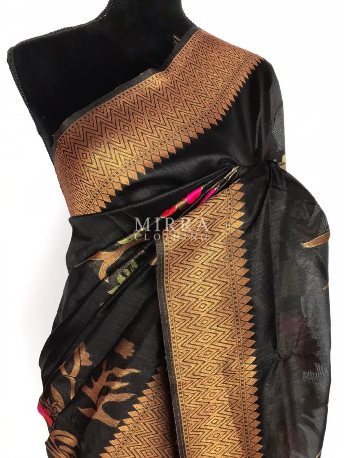 Black Cotton Silk Saree with Antique Gold Zari Weaves