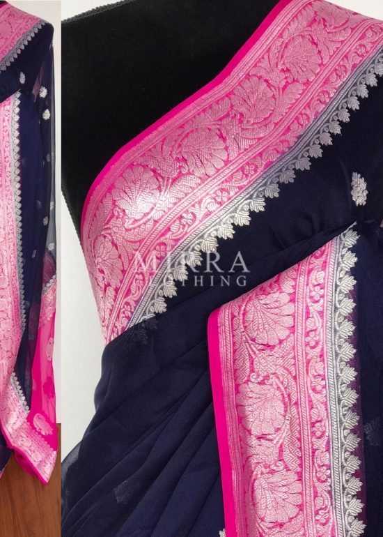 Navy Blue Banarasi Silk Saree in Pure Khaddi Chiffon