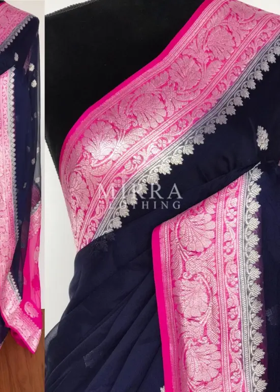 Navy Blue Banarasi Silk Saree in Pure Khaddi Chiffon