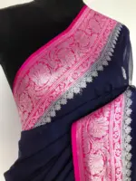Navy Blue Banarasi Silk Saree in Pure Khaddi Chiffon - Image 4