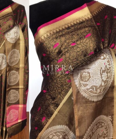 Metallic Brown Kora Silk Saree with Antique Gold Zari Weaves