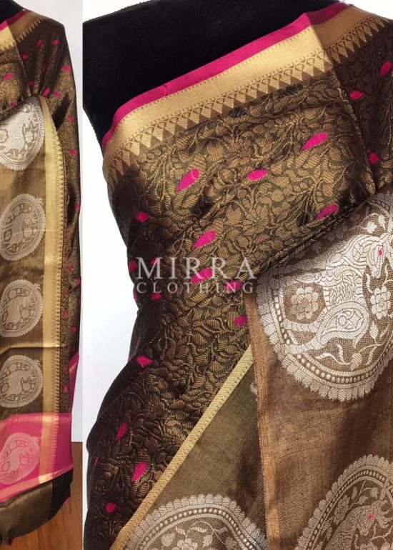 Metallic Brown Kora Silk Saree with Antique Gold Zari Weaves