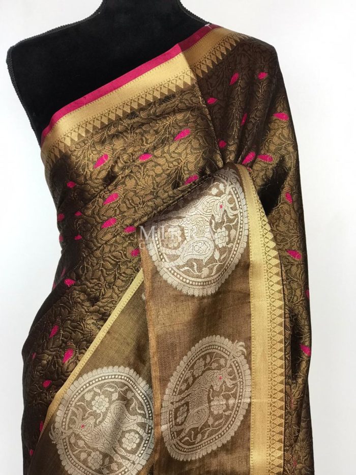 Metallic Brown Kora Silk Saree with Antique Gold Zari Weaves