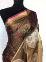 Metallic Brown Kora Silk Saree with Antique Gold Zari Weaves - Image 3