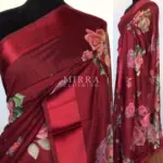 Maroon Linen Cotton Saree with Floral Prints - Image 2