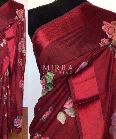 Maroon Linen Cotton Saree with Floral Prints