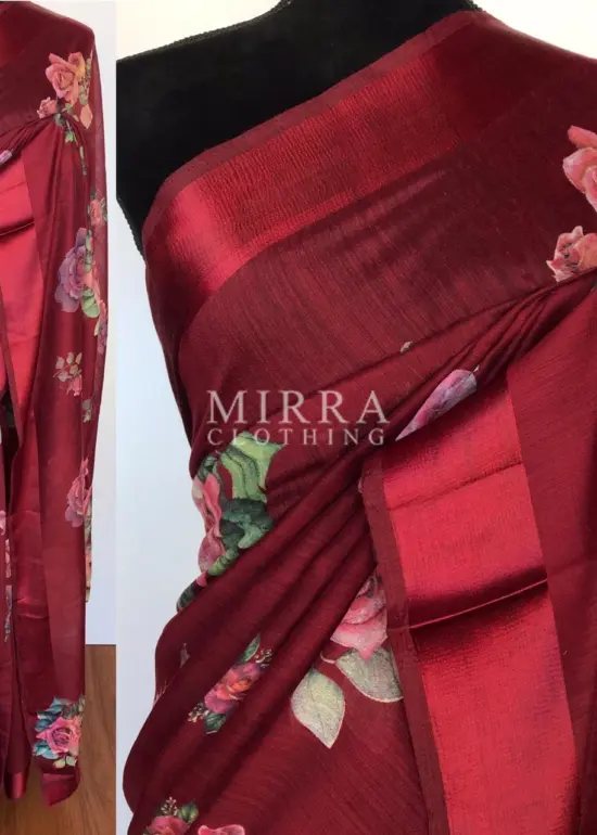Maroon Linen Cotton Saree with Floral Prints