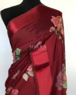 Maroon Linen Cotton Saree with Floral Prints - Image 3