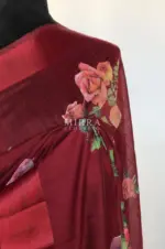 Maroon Linen Cotton Saree with Floral Prints - Image 5