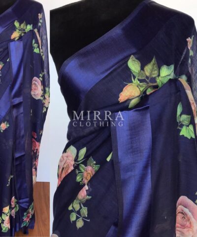 Navyblue Linen Cotton Saree with Floral Prints
