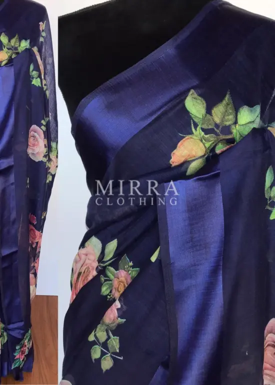 Navyblue Linen Cotton Saree with Floral Prints
