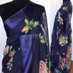Navyblue Linen Cotton Saree with Floral Prints - Image 2