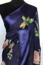 Navyblue Linen Cotton Saree with Floral Prints - Image 3