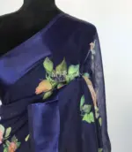 Navyblue Linen Cotton Saree with Floral Prints - Image 4