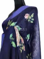 Navyblue Linen Cotton Saree with Floral Prints - Image 5