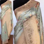 Baby Blue Banarasi Silk Saree with Floral Prints and Gold Zari Buttas
