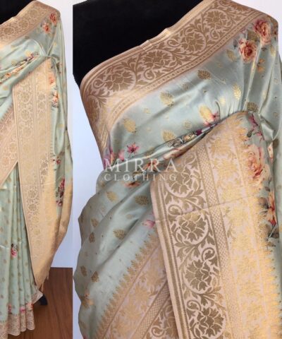 Baby Blue Banarasi Silk Saree with Floral Prints and Gold Zari Buttas