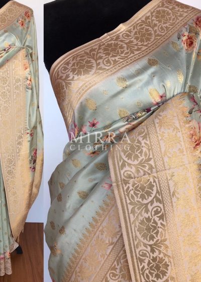 Baby Blue Banarasi Silk Saree with Floral Prints and Gold Zari Buttas