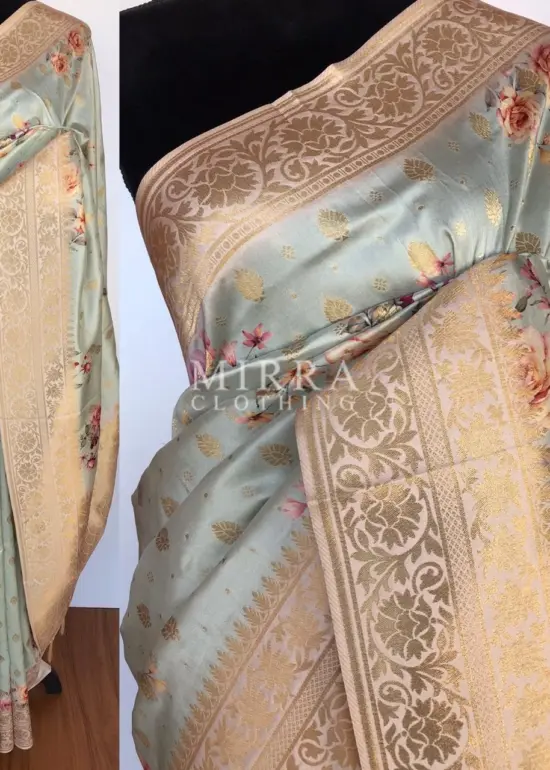 Baby Blue Banarasi Silk Saree with Floral Prints and Gold Zari Buttas