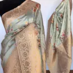 Baby Blue Banarasi Silk Saree with Floral Prints and Gold Zari Buttas - Image 2